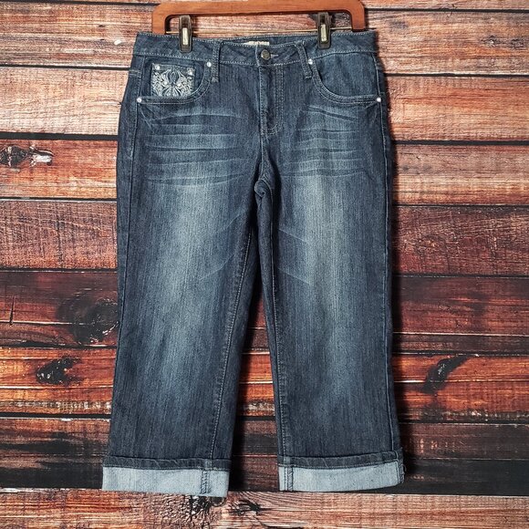Earl Jean Embellished Jeans Size 8 Dark Blue Denim Capri Cropped Cuffed - Picture 5 of 8